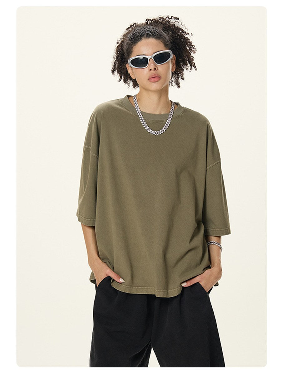 Model wearing Grey Green oversized T-shirt