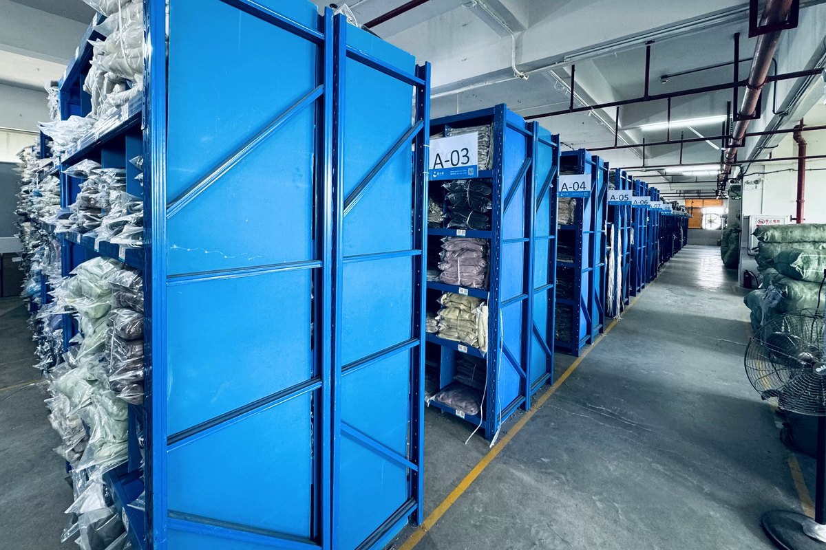 Factory warehouse and garment storage shelves